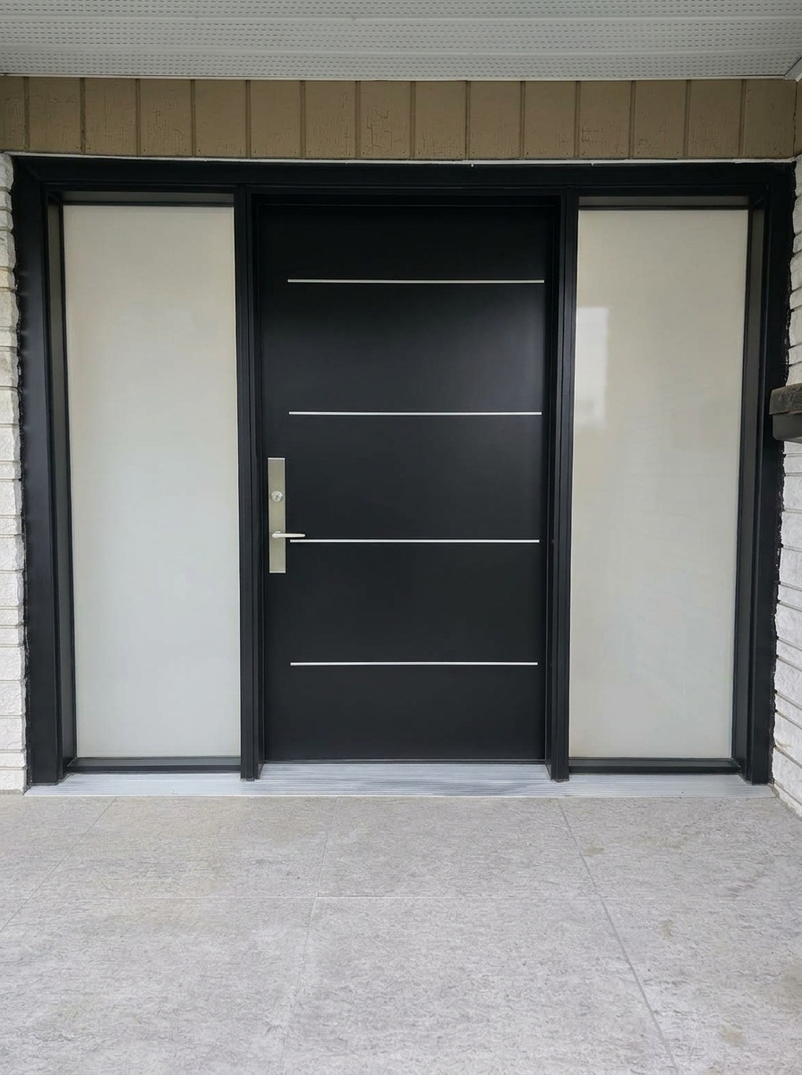Contemporary black door with stainless steel inlays