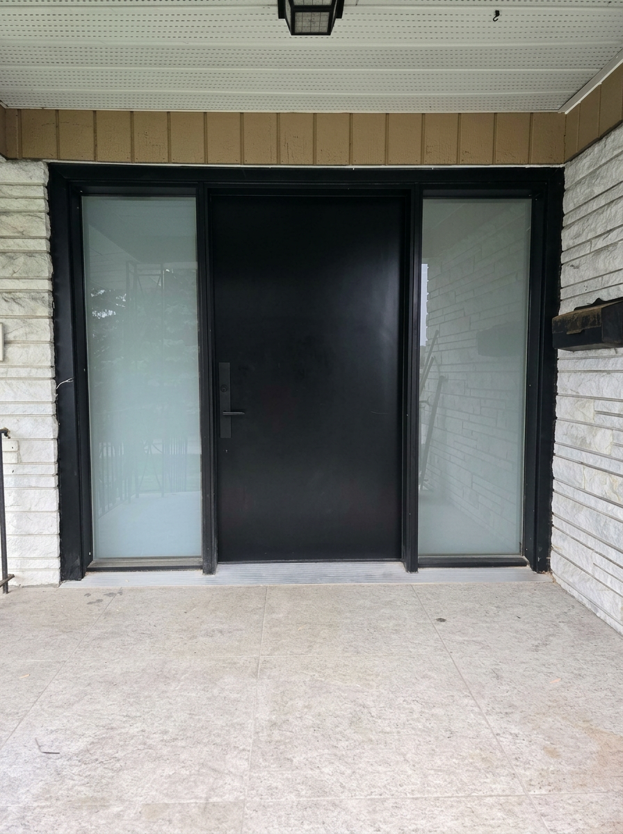 Minimalist black flush door flanked by frosted glass