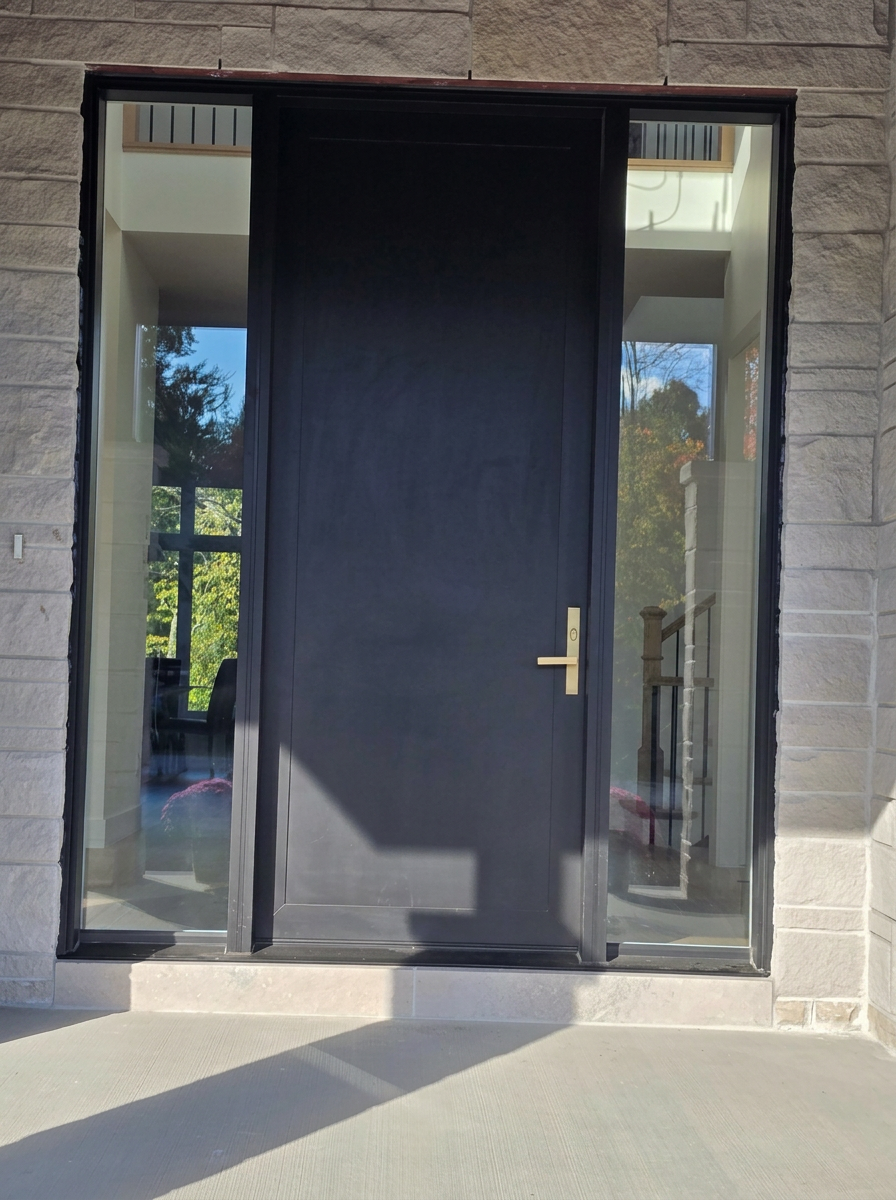 Tall modern black entry door with full-height sidelights