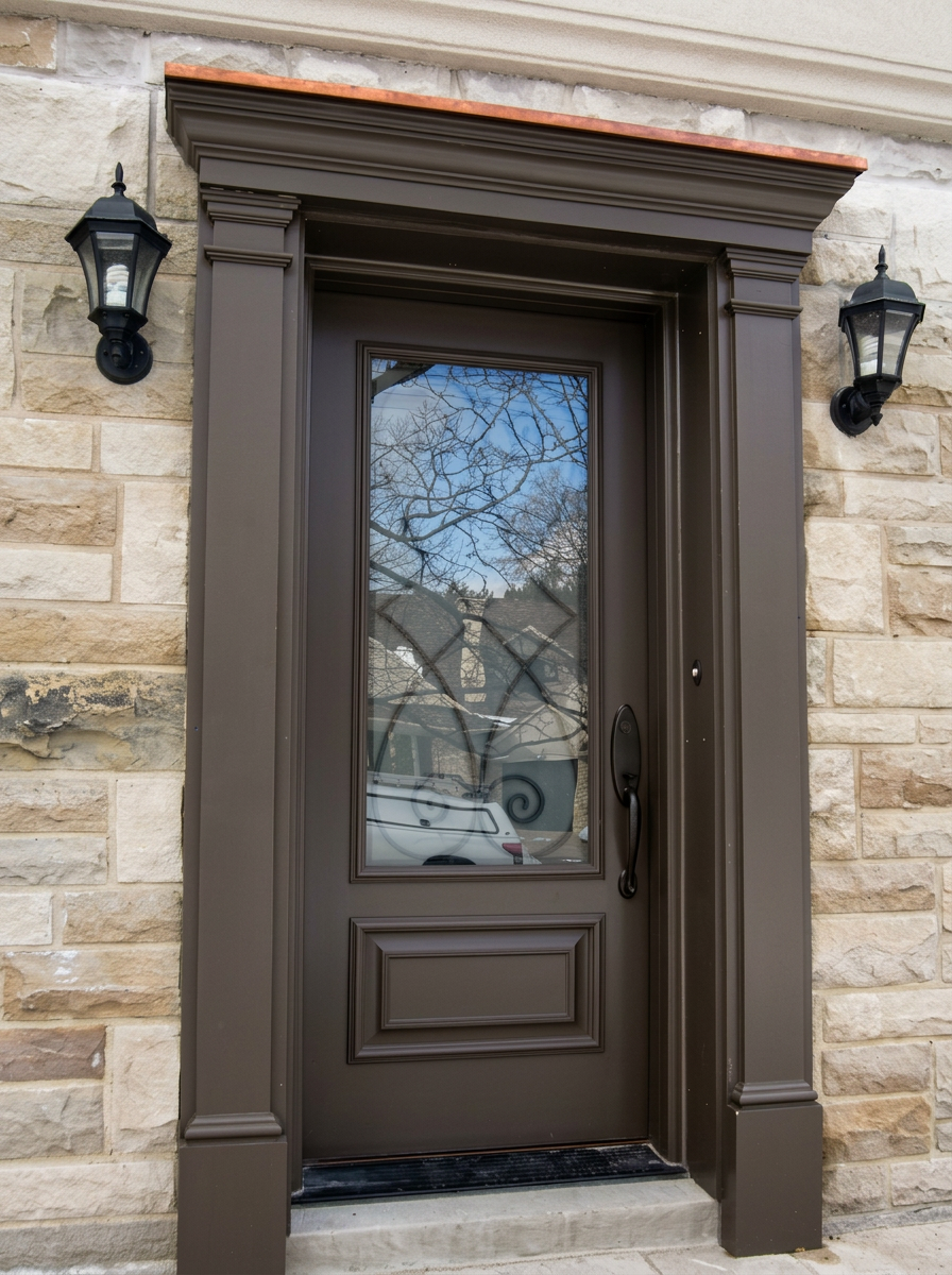 Taupe traditional entry door with custom millwork casing