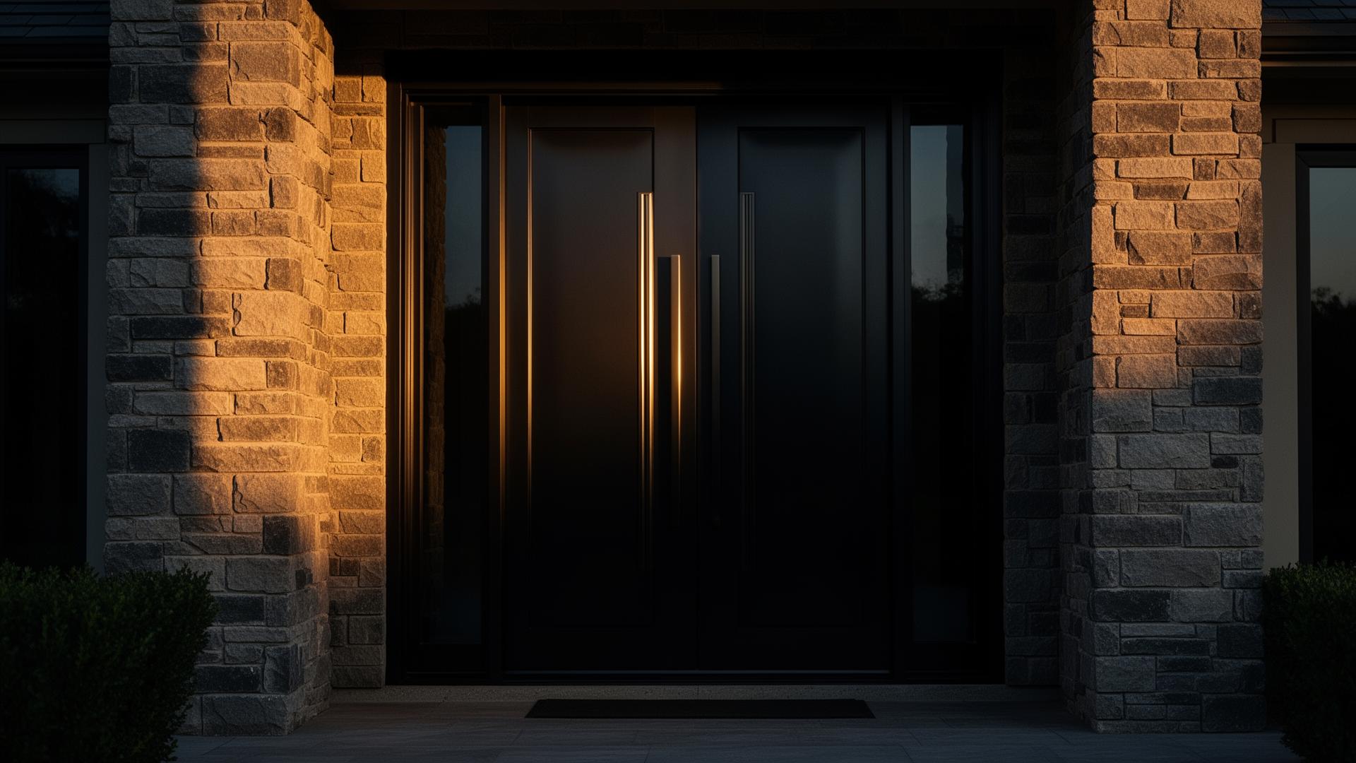 Custom black entry door at twilight